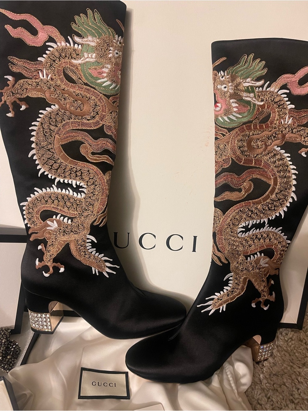 Gucci Black Satin Tall Boots with Embroidered Dragon Motif - Picture 3 of 8